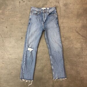 Re/Done Button Fly High Rise Distressed Ankle Crop Jeans